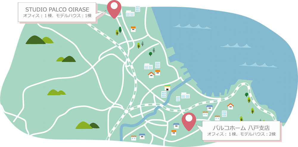 八戸のモデルハウスとオフィスの地図